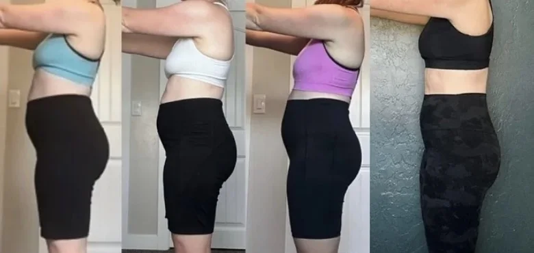 Four side-view client progress photos showing posture changes over time.