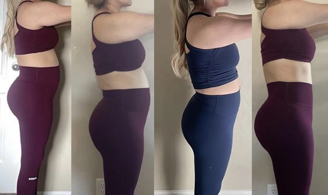 Four side-view client progress photos showing changes in core alignment and posture.